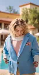 a beautiful young woman in a blue coat next to a swimming pool