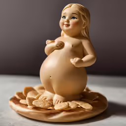 a figure standing on a pizza shaped like a pregnant girl