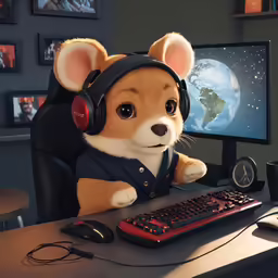 a little dog wearing headphones with a keyboard on a desk