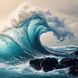 a large ocean wave crashing over rocks