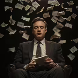 a man in a suit and tie sits while surrounded by money bill streams over him