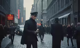 a man in suit standing on a street with a cane and talking to another man