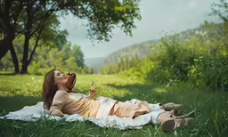 woman laying on blanket on grass with dog in mouth