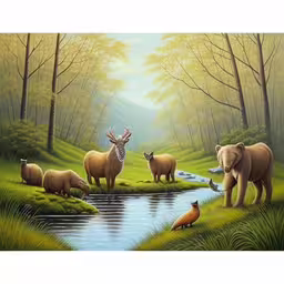 a painting of wild animals and wildlife by water,there are animals in the grass and water,a painting of animals in the grass near water,painting of wild animals with waterfall in background,a painting of animals near a pond with a sunset