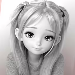 a black and white image of a doll wearing hair