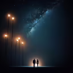 two people are standing under some street lamps