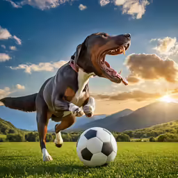 a dog is leaping over a soccer ball