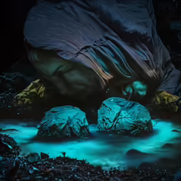a man standing next to rocks in the water