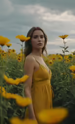 a woman is standing in the middle of a sunflower field