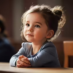the small child is sitting at the table looking towards the camera