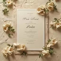a wedding card laying on top of some white flowers