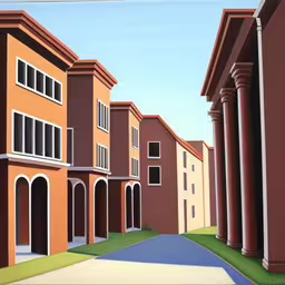 painting of row of townhouses in an urban area,an image of two houses that are brown and tan