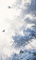 a very artistic photo of a beautiful blue sky with birds flying around