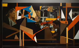 an abstract painting of men and women with dark background,the picture is taken through the mirror to show what looks like something in this photo