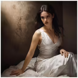 a woman sitting on a floor in white dress