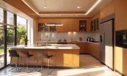 a kitchen with a breakfast bar in the middle
