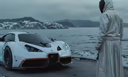 the man in a robe is standing next to a white sports car