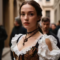 a girl dressed in traditional german clothing looks to the side
