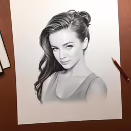a pencil drawing of a young woman in grey shirt