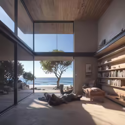 a living room with a tree and book shelves