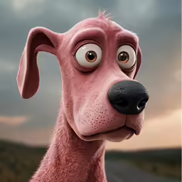 the pink dog is staring to his left and smiling