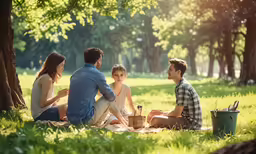 three adults and two kids enjoying a picnic on the grass in a park