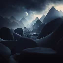 rocks are shown with dark sky in the background