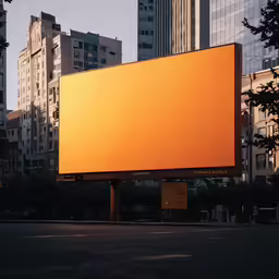 this orange advertisement is in a city on the other side of the road