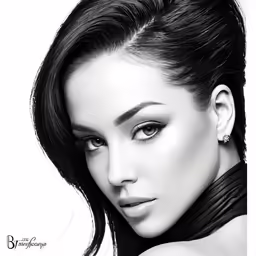 a woman with long hair in a black and white photo