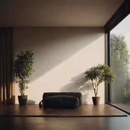 a room with large windows, a couch and two potted trees