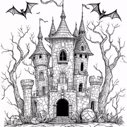 an old castle with bats flying from it