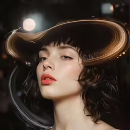 a woman with wavy hair is wearing a hat
