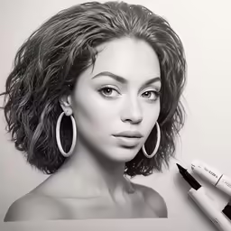 a woman with big hoop earrings on is shown, next to a pen