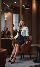 a woman in a skirt is sitting on a chair