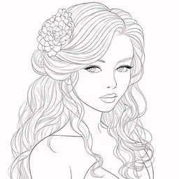 an adult coloring page showing a girl with long hair