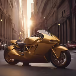 a gold sports motorcycle on the city streets