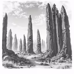 a drawing of rocks with a person standing at the edge