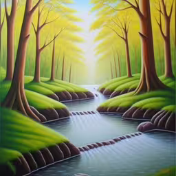a painting of a stream going through a park,painting of green scene with creek and trees,a painting of a stream in the woods,this painting depicts the path to a river in a forest,a painting of a river surrounded by trees