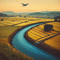 an airplane flying over a body of water next to fields,a large commercial plane flying over a river in an open field