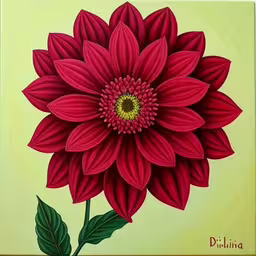 a painting on a yellow wall with a red flower,a painting of a red flower on a yellow background,a painting with a large flower on top,a flower that is painted on the side of a wall,red flower with green leaves on a yellow background