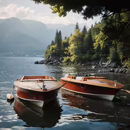 two empty boats on the water next to a forested area