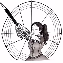 a drawing of an asian girl holding a sword,a woman with a sword and a fan with lines in it,an anime girl with a sword and a big spoke,a drawing of a girl holding an arrow with her arm,a woman is holding a rifle while in the picture