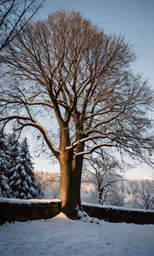 a snow covered field with a big tree