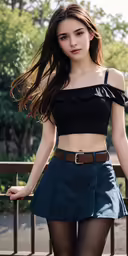 the model is dressed in a crop top and skirt