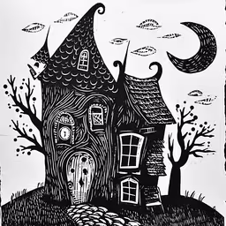 a house with two crows in it that is sitting on the ground,a drawing of a house with an image of a witch