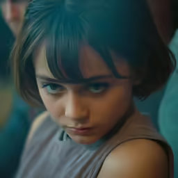 a close up shot of a young person with a serious look