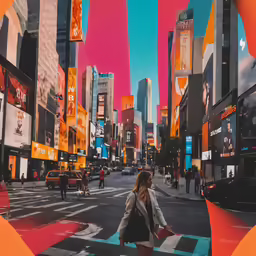 a woman crosses the street in a city