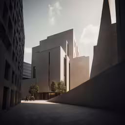 an empty city street has buildings and steps