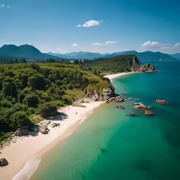 beach with blue water and sand next to mountains