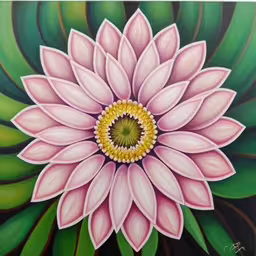 painting of a large pink flower with green leaves,a painting of a pink and green flower with green leaves